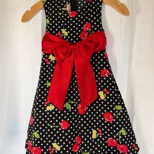 Girls Black Cherry Polka Dot Dress with Red Bow (4)